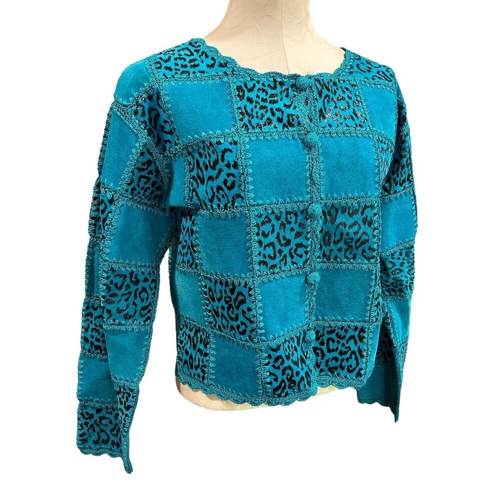 Small SMH Boutique Womens Teal Suede Patchwork Jacket Vintage